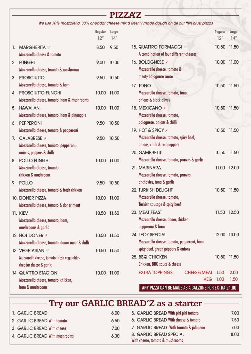 Menus Leo'z Restaurant, Bridlington